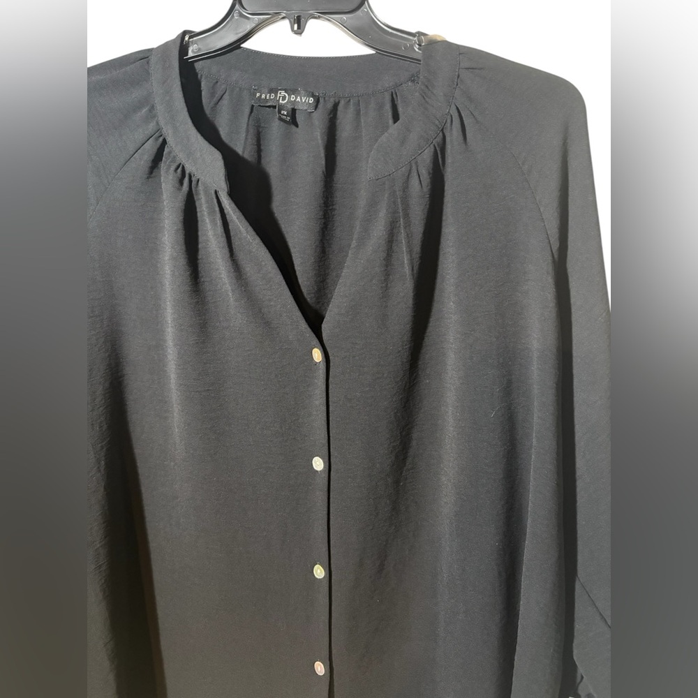 Fred David FD V Neck Button  Down Blouse Long Sleeve with Buttons  Black 2X
